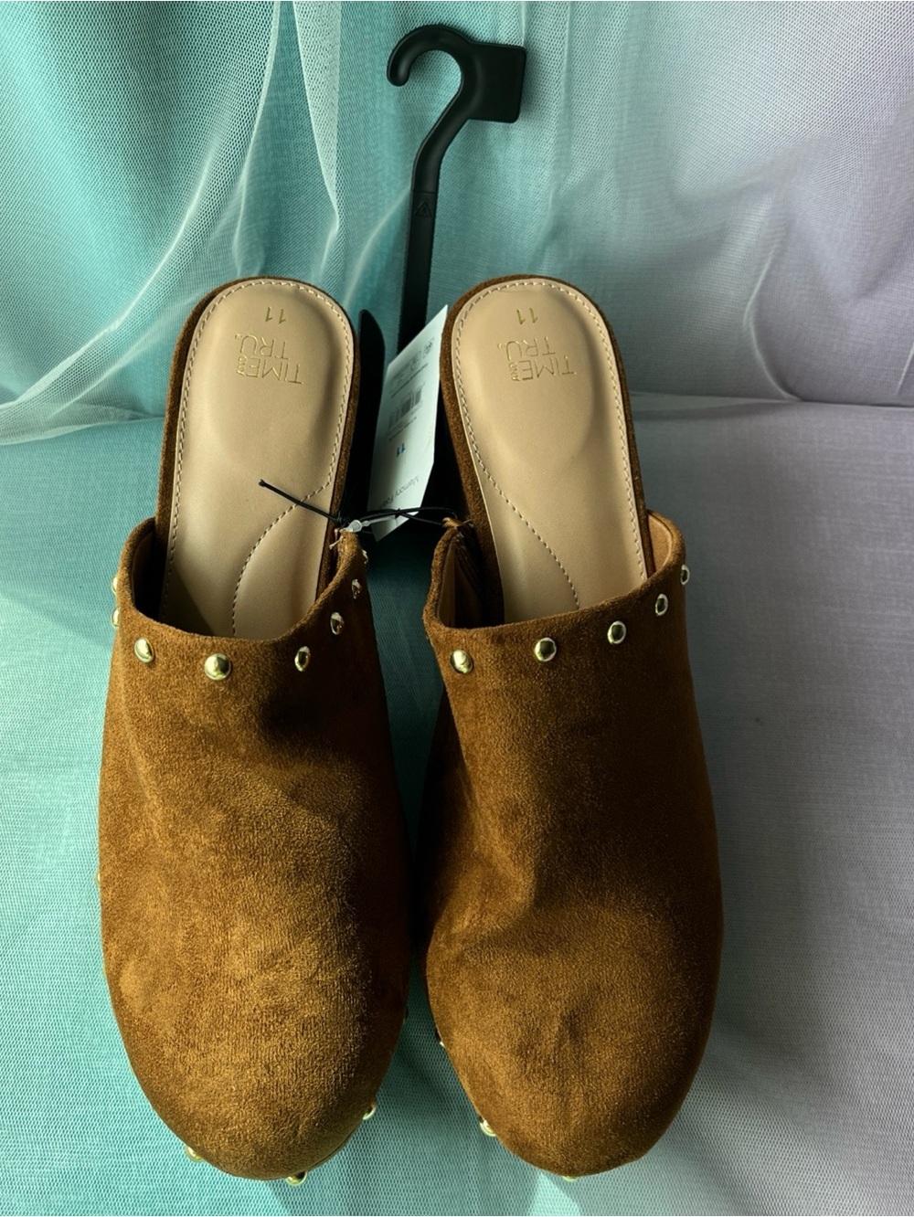 NWT Time and Tru Women's Faux Leather Heeled Clogs Brown Size 11 Gold ColorStuds